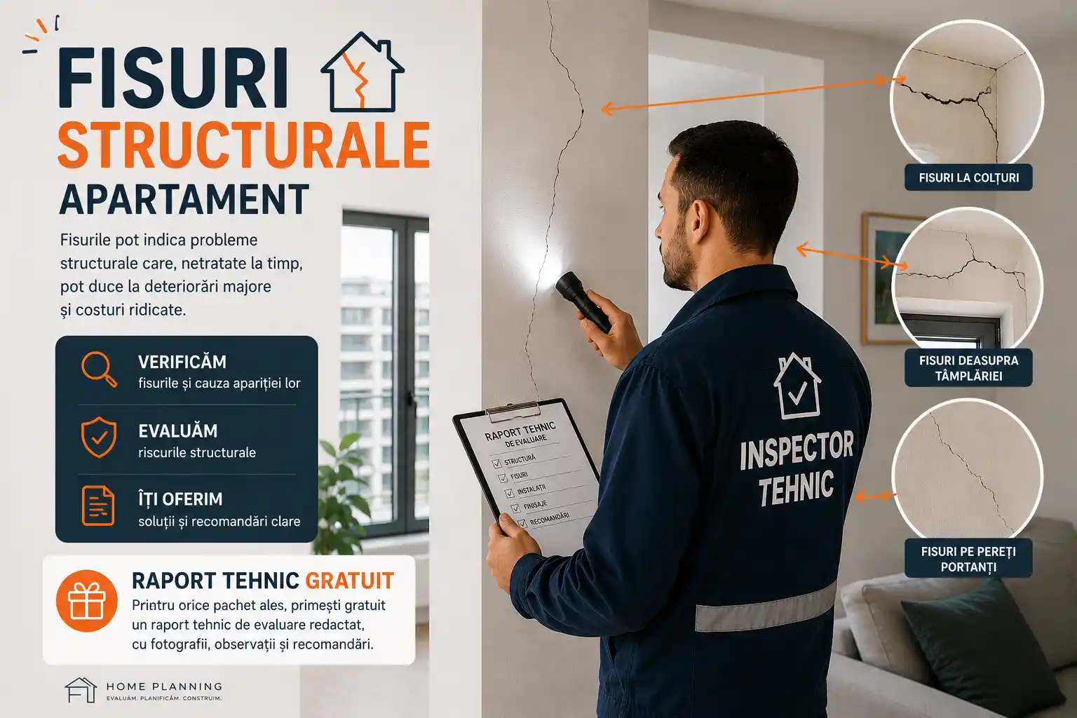 Fisuri structurale identificate în timpul unei inspecții tehnice imobiliare