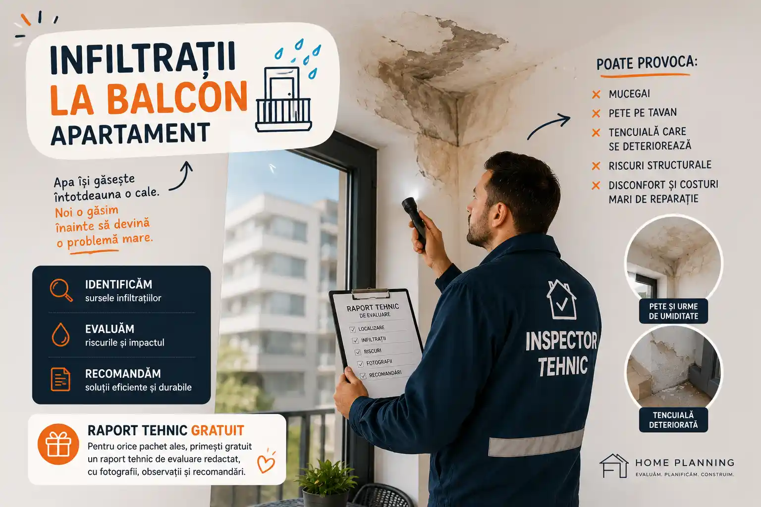 Infiltrații identificate la balcon în timpul verificării tehnice