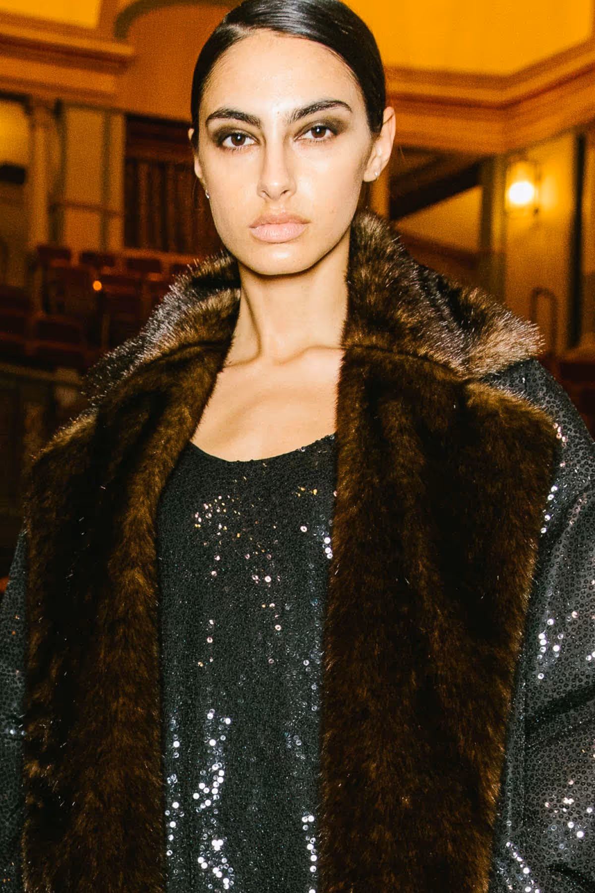 SILK FAILLE BALMACAAN WITH PAILLETTE HAND EMBROIDERY AND FAUX FUR