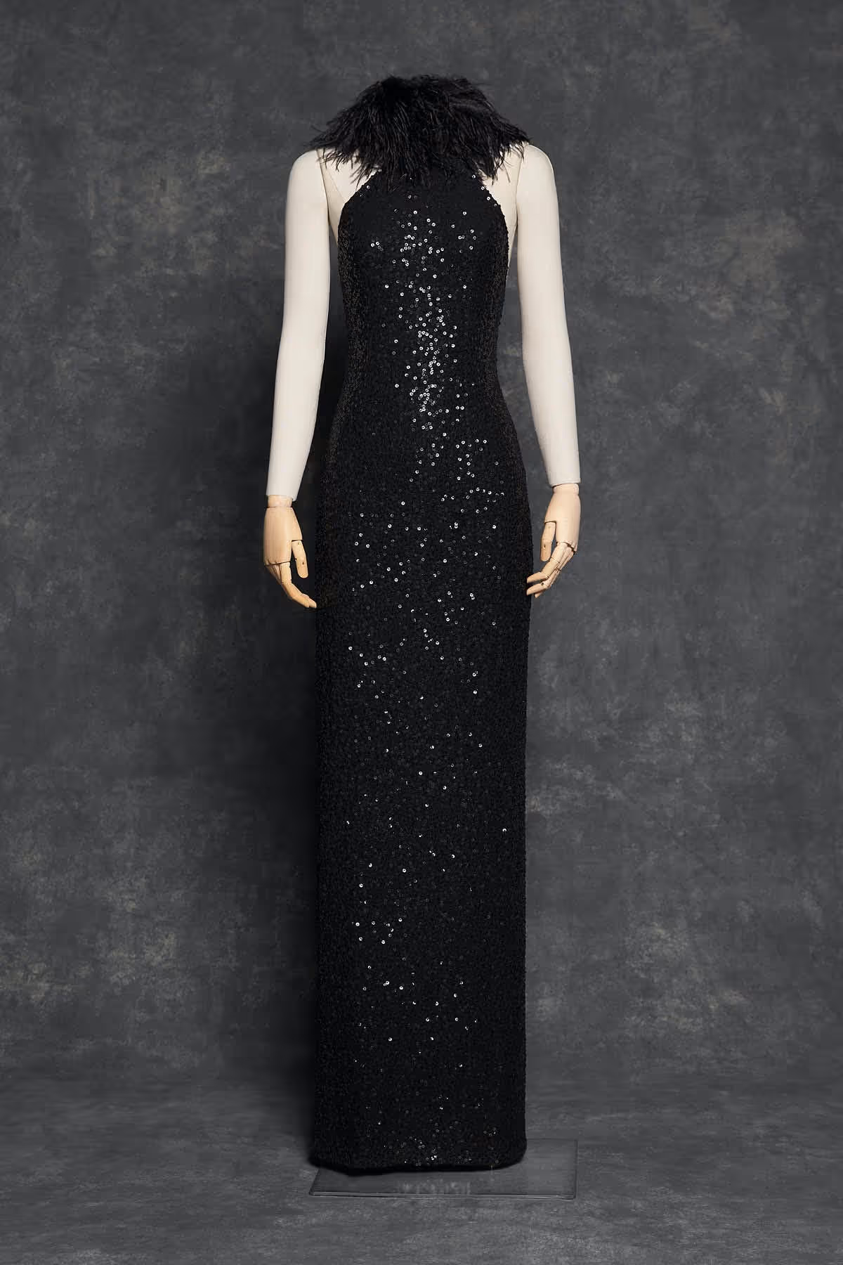 BLACK GOWN WITH PAILLETTE HAND EMBROIDERY AND MARABOU FEATHERS