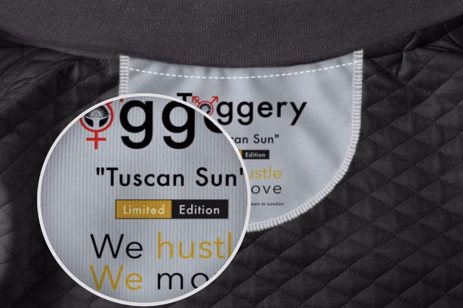 Inner jacket, collar label image of limited edition mustard yellow and black, classic bomber jacket, designed by Toggery.