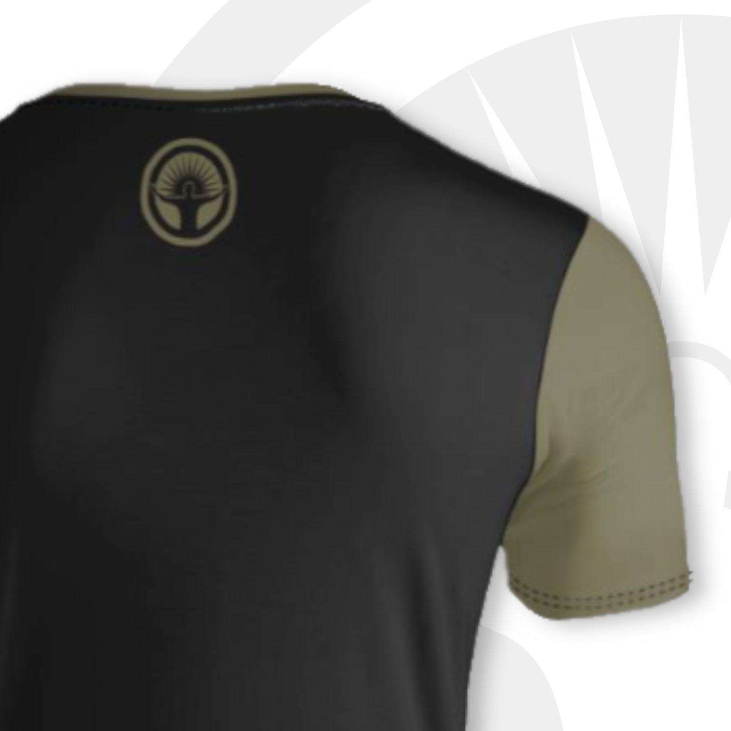 Back view of green and black v-neck t-shirt, with green right sleeve. The back is black with a green Toggery logo on the nape of the neck.
