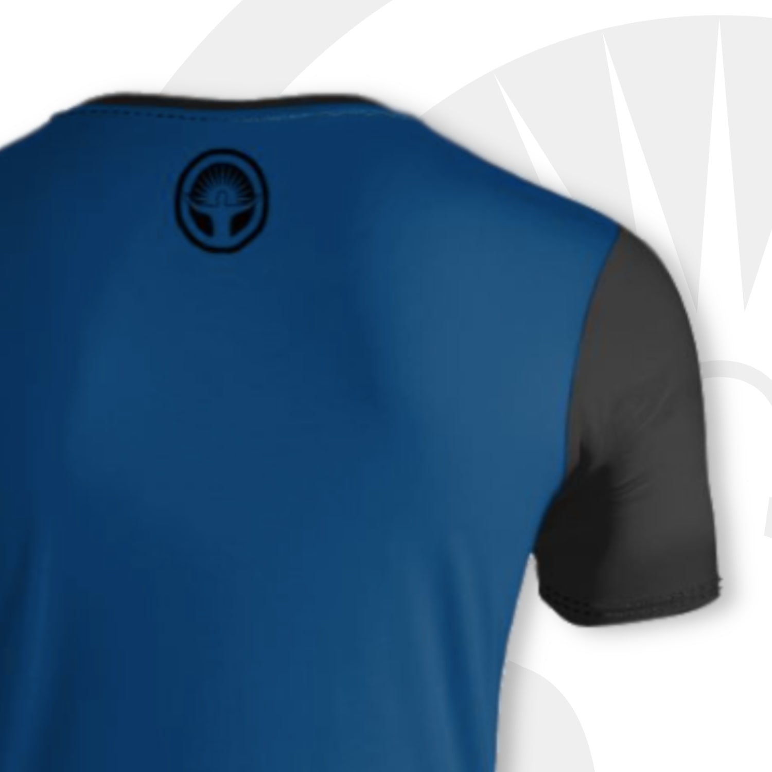 Back view of black and blue v-neck t-shirt, with black right sleeve. The back is blue with a black Toggery logo on the nape of the neck.