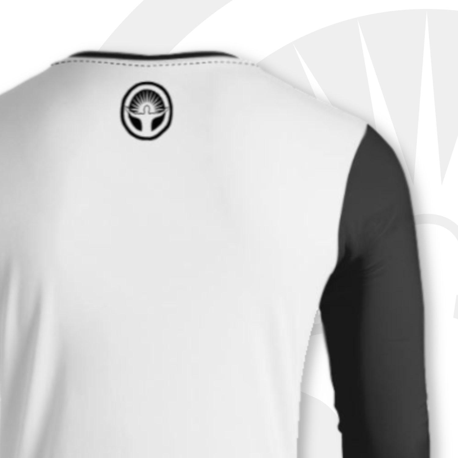 Back view of black and white long sleeve t-shirt, with black right sleeve. The back is white with a black Toggery logo on the nape of the neck.