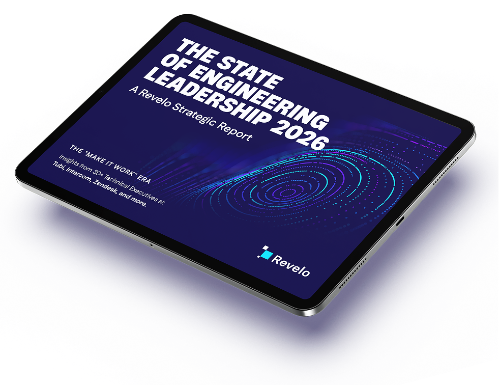 Tablet displaying the cover of Revelo's 2026 engineering leadership strategic report with circular blue digital patterns.