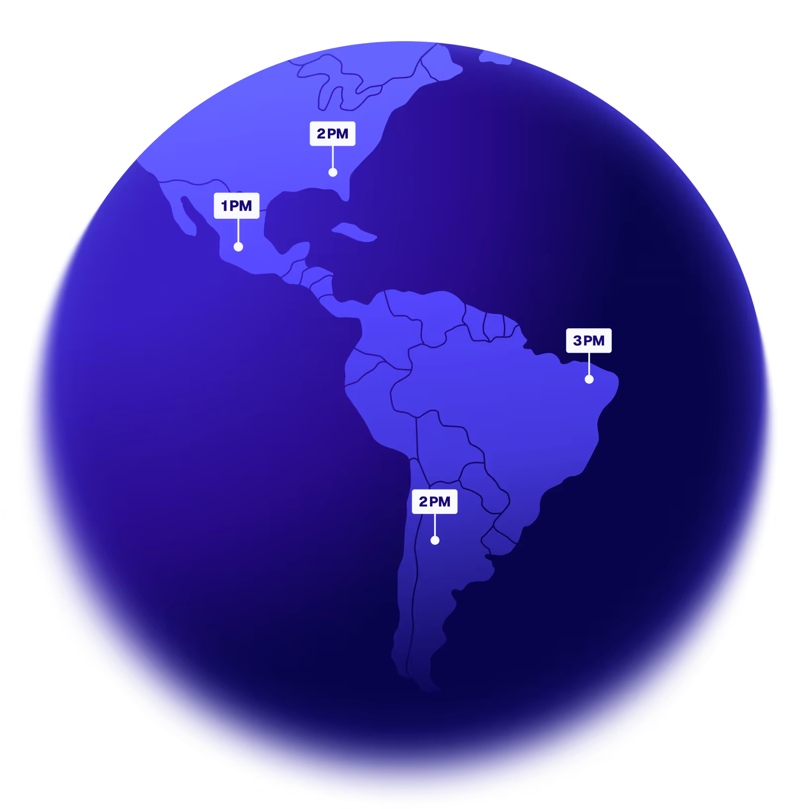 Globe highlighting Latin America with time zone markers overlapping US working hours