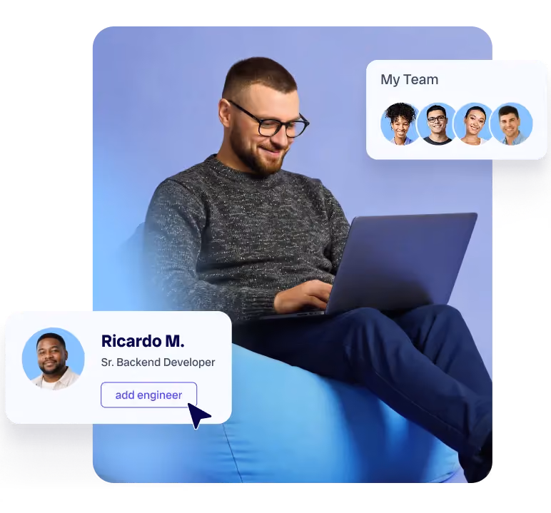 Revelo platform view of a hired engineering team with roles, rates, and an add engineer button