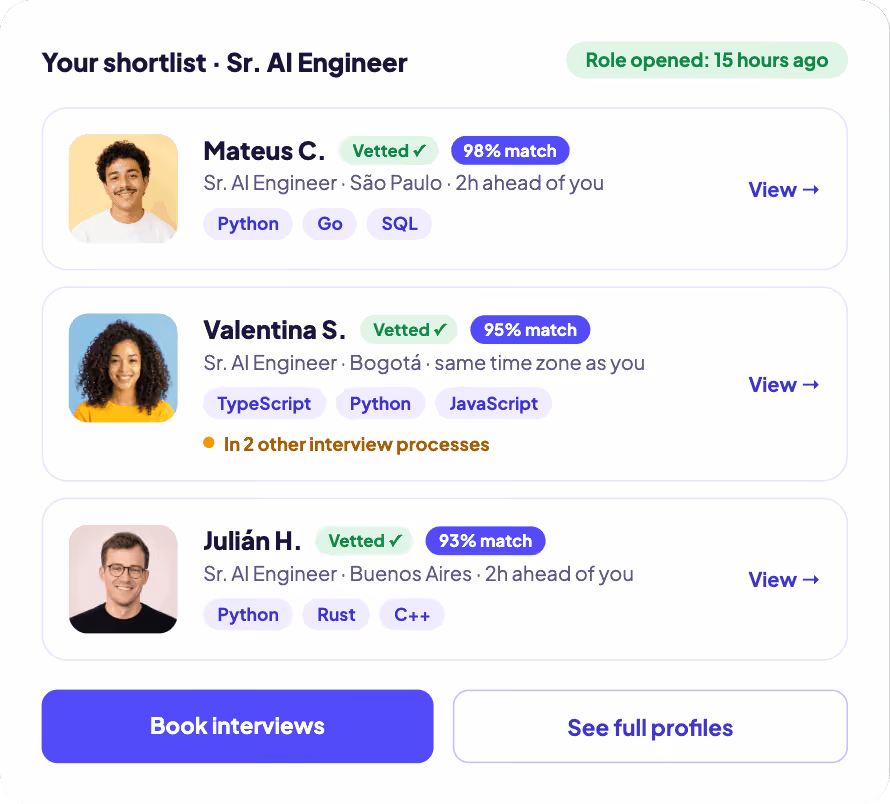 Shortlist of vetted Sr. AI Engineer candidates from Latin America on the Revelo platform, showing match scores, skills, and interview booking options