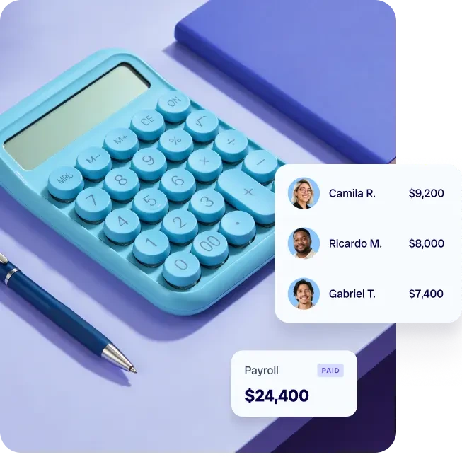 Calculator and notebook beside a Revelo payroll summary showing engineer salaries paid
