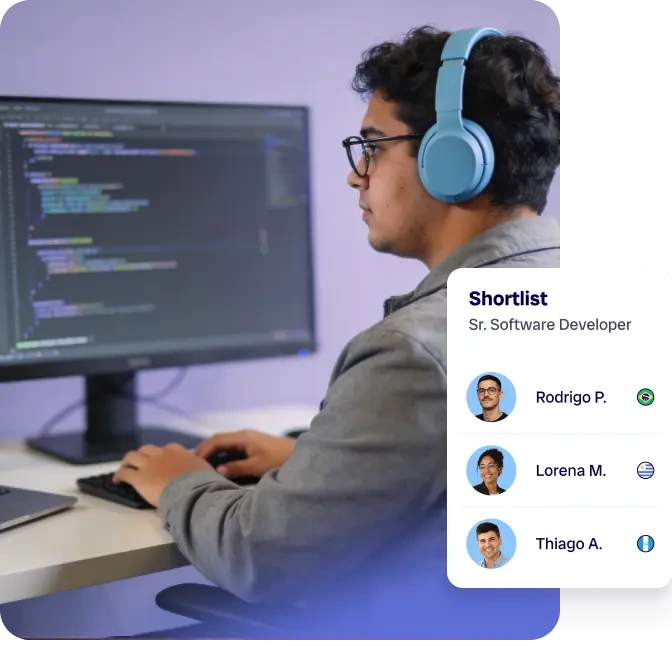 Engineer coding at a desk beside a Revelo shortlist of vetted senior developer candidates