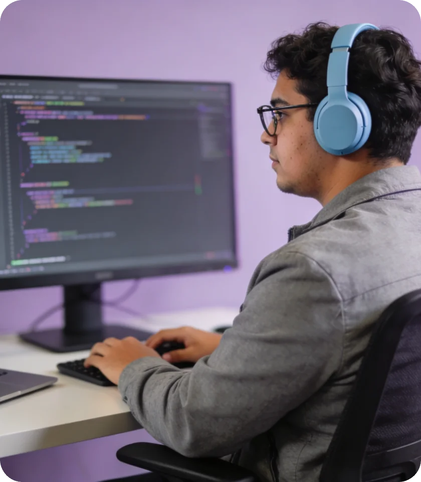 Software engineer wearing headphones, writing code at a desk