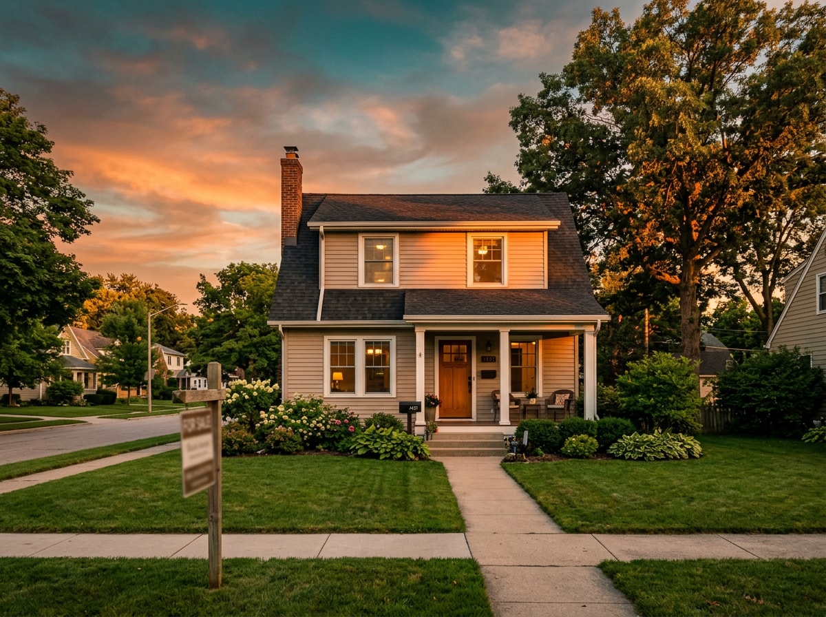 A suburban house exterior at golden hour with a for-sale sign visible near the sidewalk