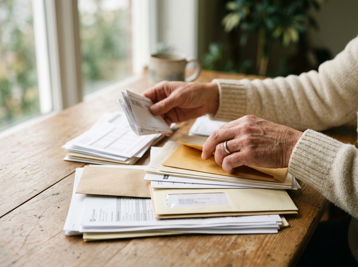 A person sorting through financial documents and envelopes on a table