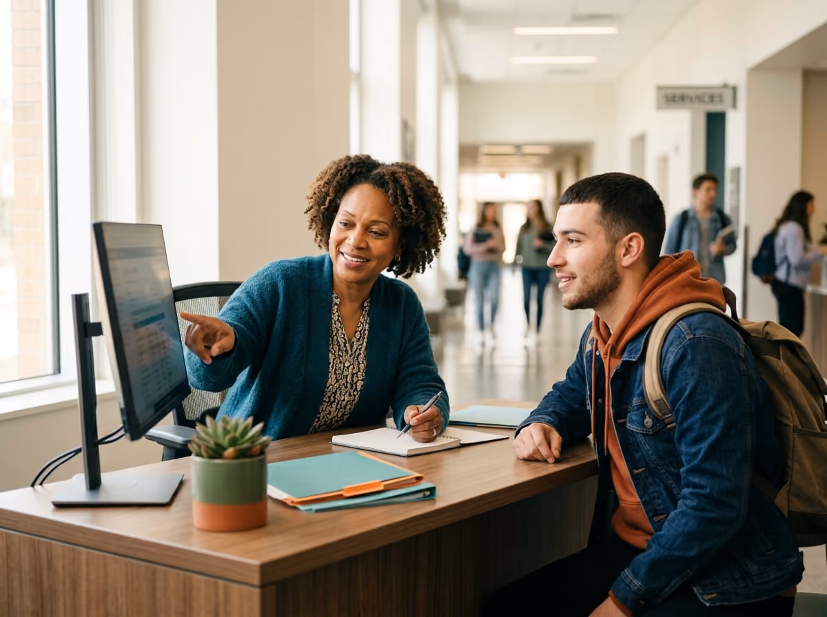 A college student talks with a friendly financial aid counselor at a campus office service counter