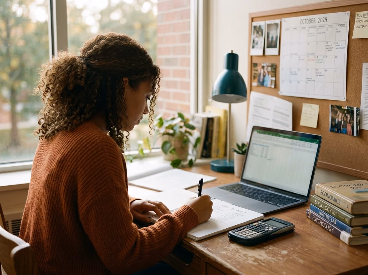 A college student budgeting a financial aid refund with a notebook, calculator and laptop