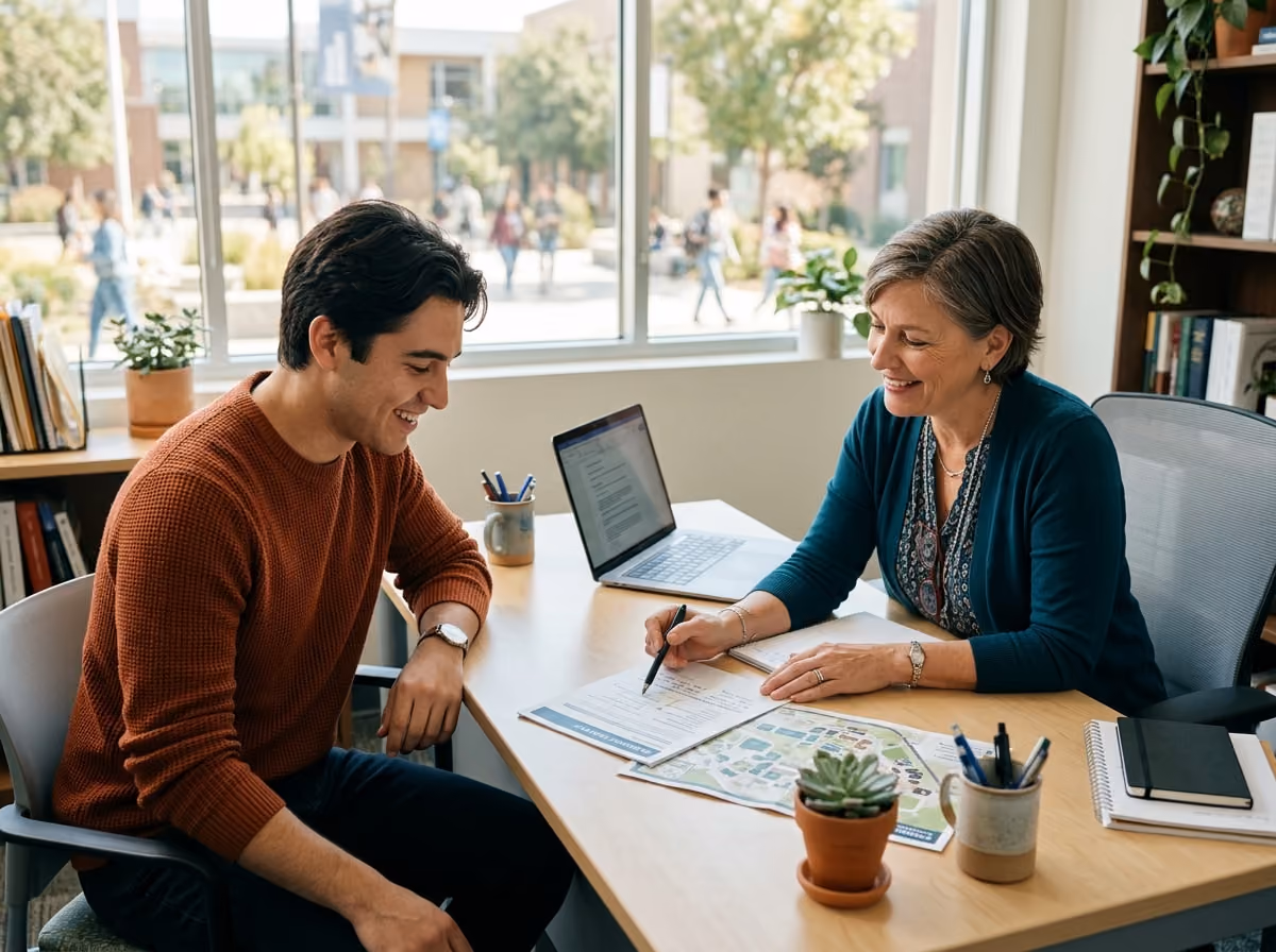 A community college student meets with a transfer counselor to plan a move to a university