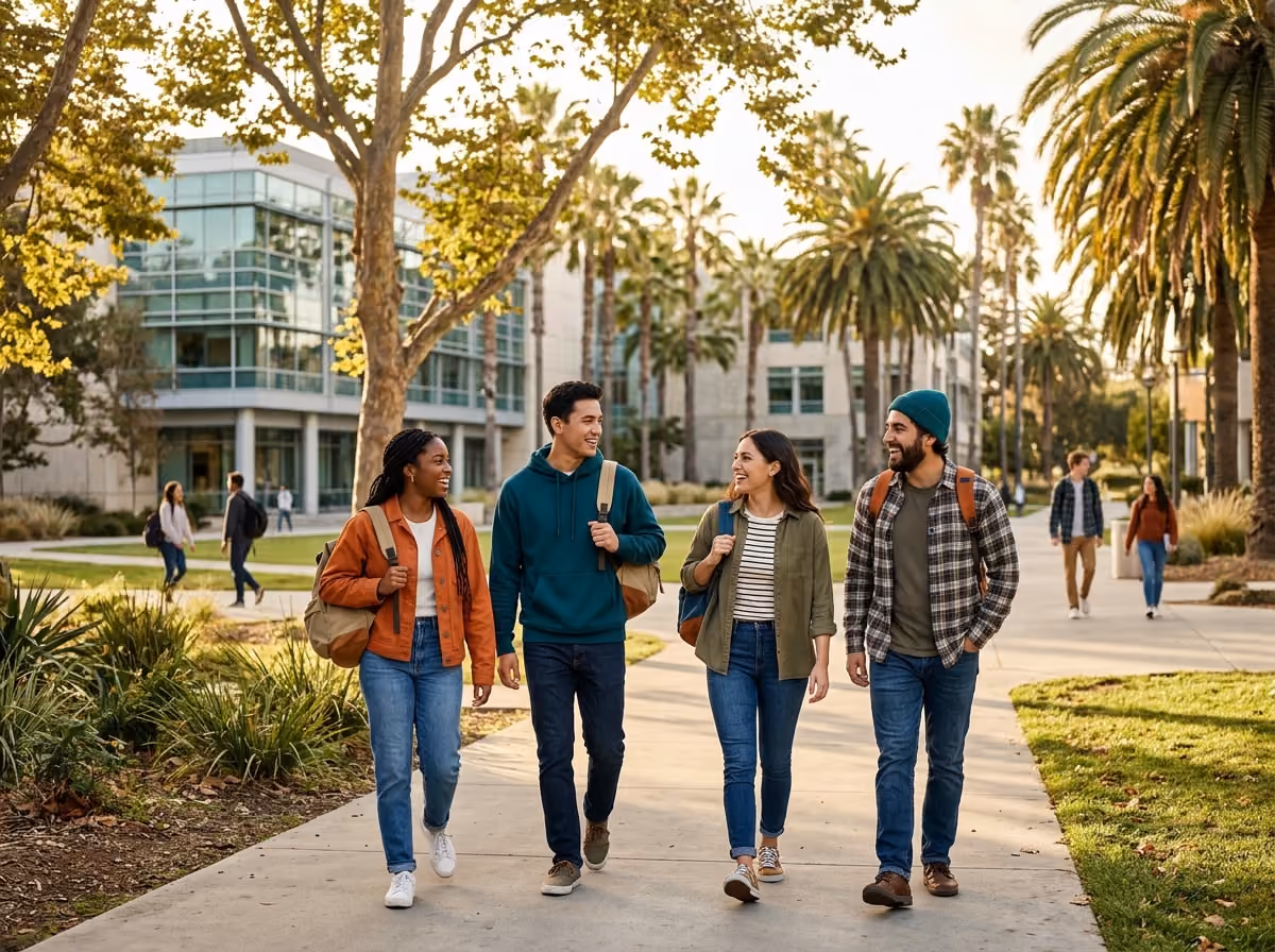 College students walking across a sunny California university campus toward an engineering building