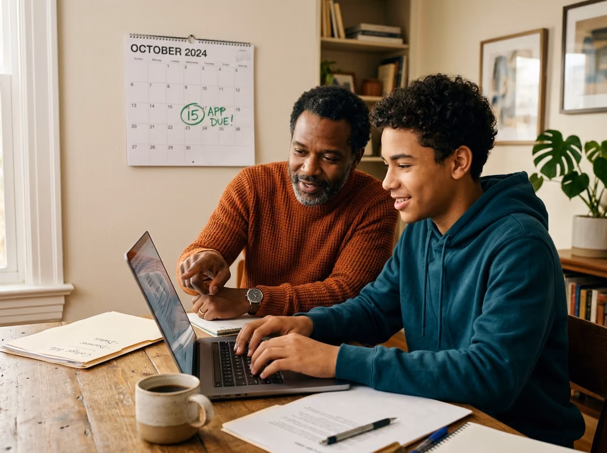 A student and parent completing a financial aid application on a laptop with a wall calendar nearby