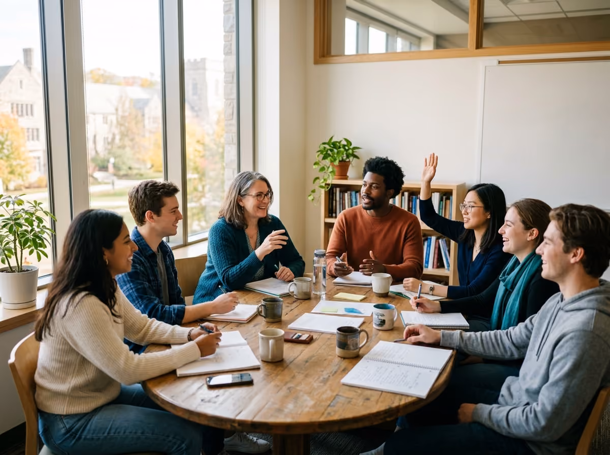 A small group of psychology students discuss a topic with a professor around a seminar table