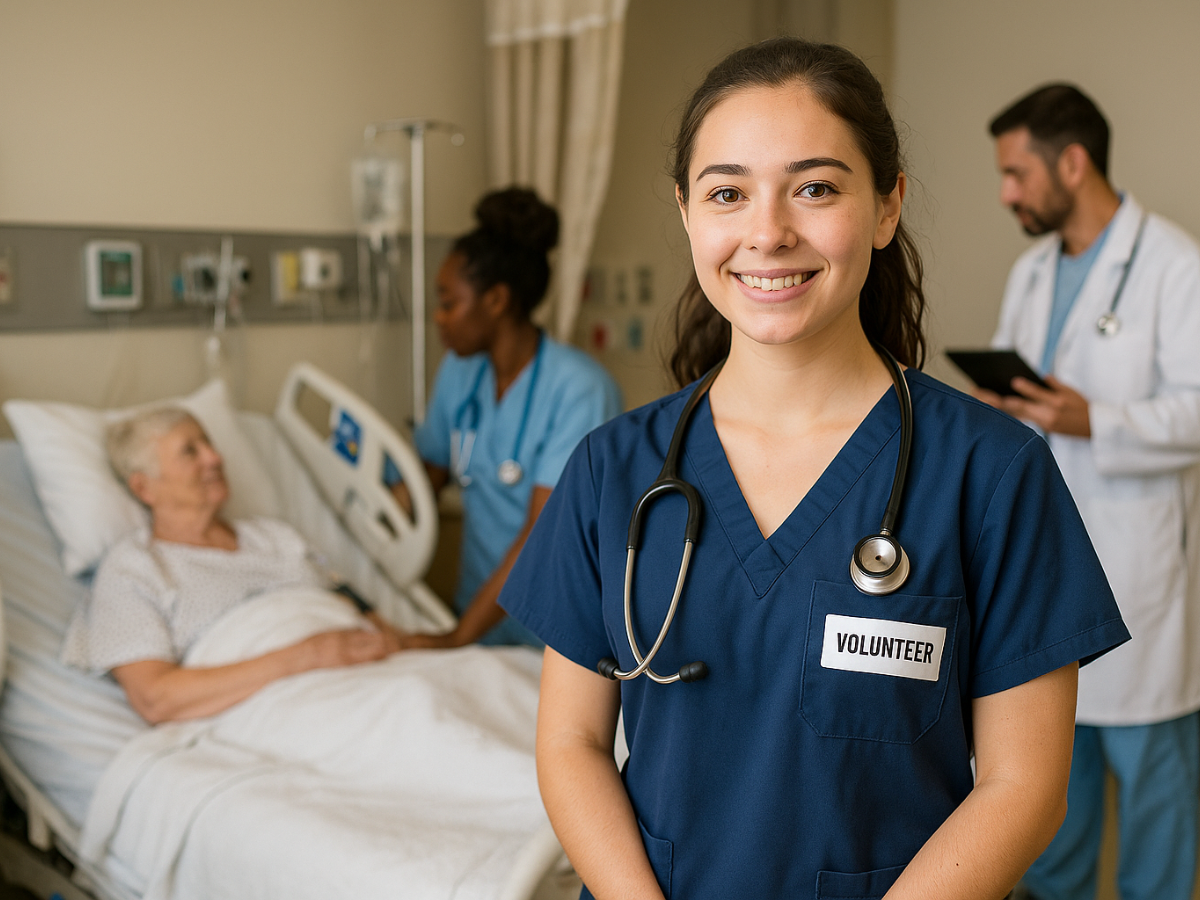 A young female hospital volunteer in navy blue scrubs smiles at the camera, wearing a stethoscope. Behind her, a nurse speaks with an elderly patient in a hospital bed, while a doctor checks a tablet. The image highlights clinical exposure and teamwork in a hospital setting.A young female hospital volunteer in navy blue scrubs smiles at the camera, wearing a stethoscope. Behind her, a nurse speaks with an elderly patient in a hospital bed, while a doctor checks a tablet. The image highlights clinical exposure and teamwork in a hospital setting.