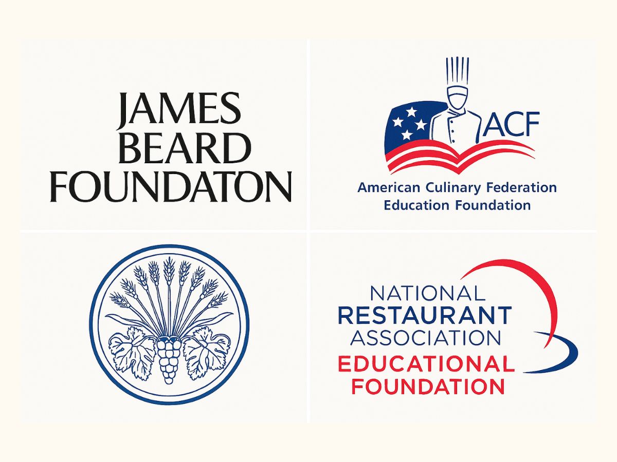 A graphic featuring four logos of leading culinary and hospitality scholarship providers: the James Beard Foundation, American Culinary Federation Education Foundation (ACF), National Restaurant Association Educational Foundation, and a circular emblem with wheat and grapes. These organizations offer funding opportunities for aspiring chefs and hospitality students.