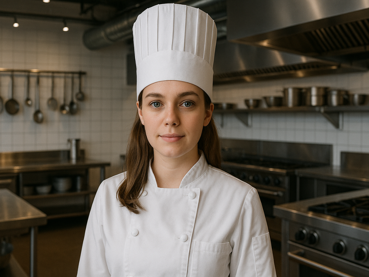 Photo of a young culinary student in a white chef’s coat and hat, smiling confidently in a professional kitchen—representing career-ready culinary scholarship recipients.