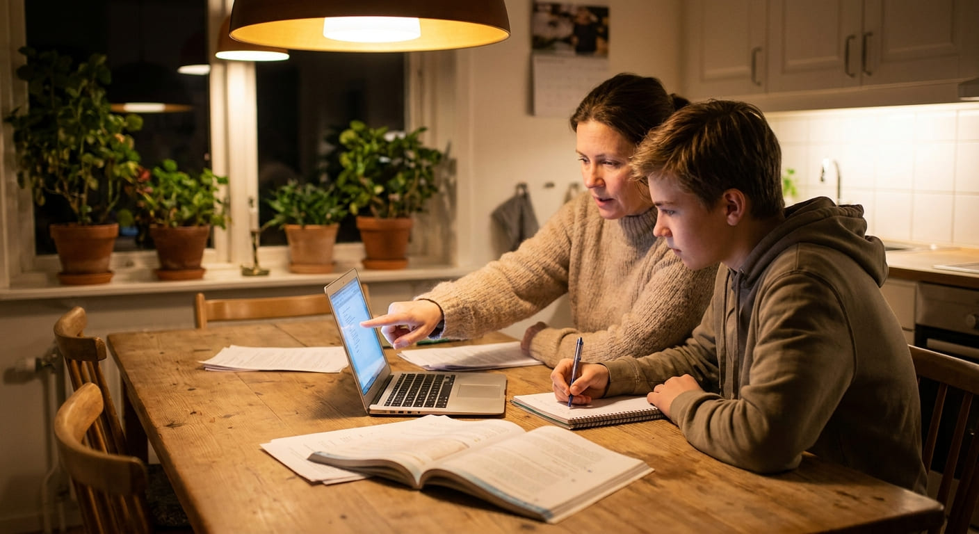 A parent and teenager sitting together at a dining table, looking at a laptop screen, papers spread in front of them. The parent points to something on the screen while the teenager takes notes