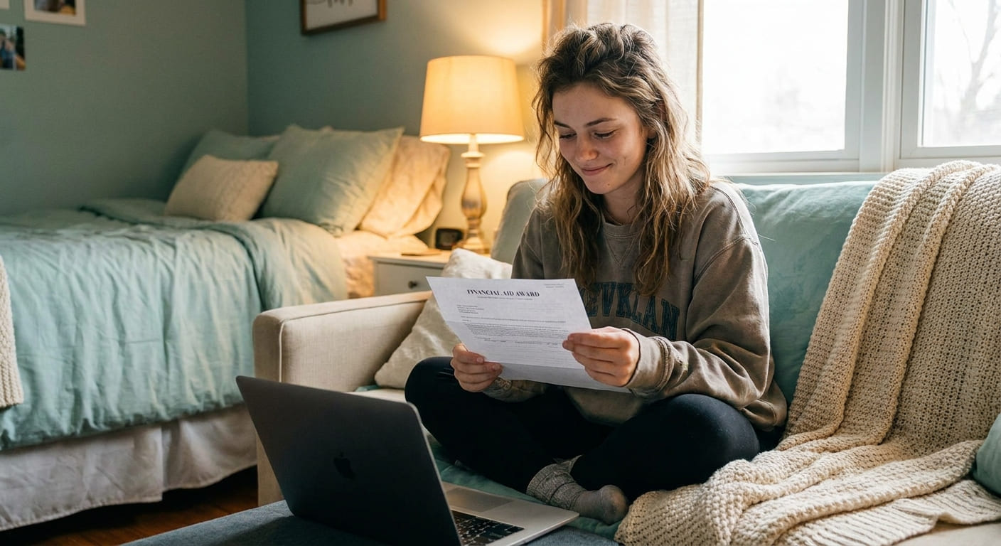 A college-aged student sitting cross-legged on a bed or couch with a laptop open, looking at a financial aid award letter and smiling quietly — a small, genuine moment of relief. 