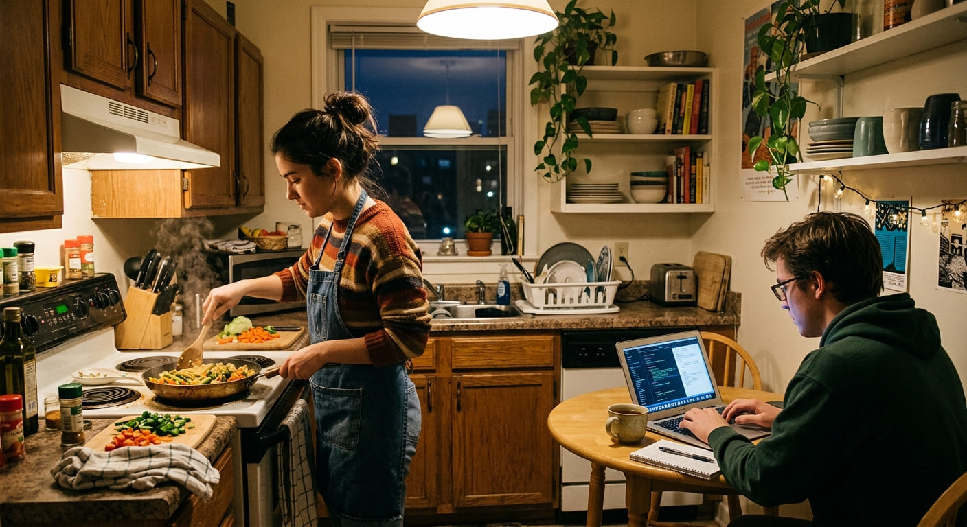 Two college students cooking a meal at home in a shared apartment, relaxed evening atmosphere