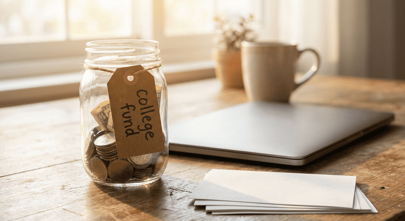 College savings jar on a desk next to financial planning documents