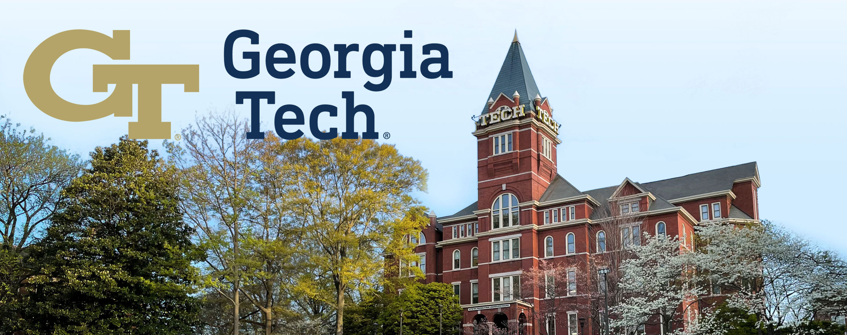 Georgia tech logo on a photograph of the school's iconic red brick building