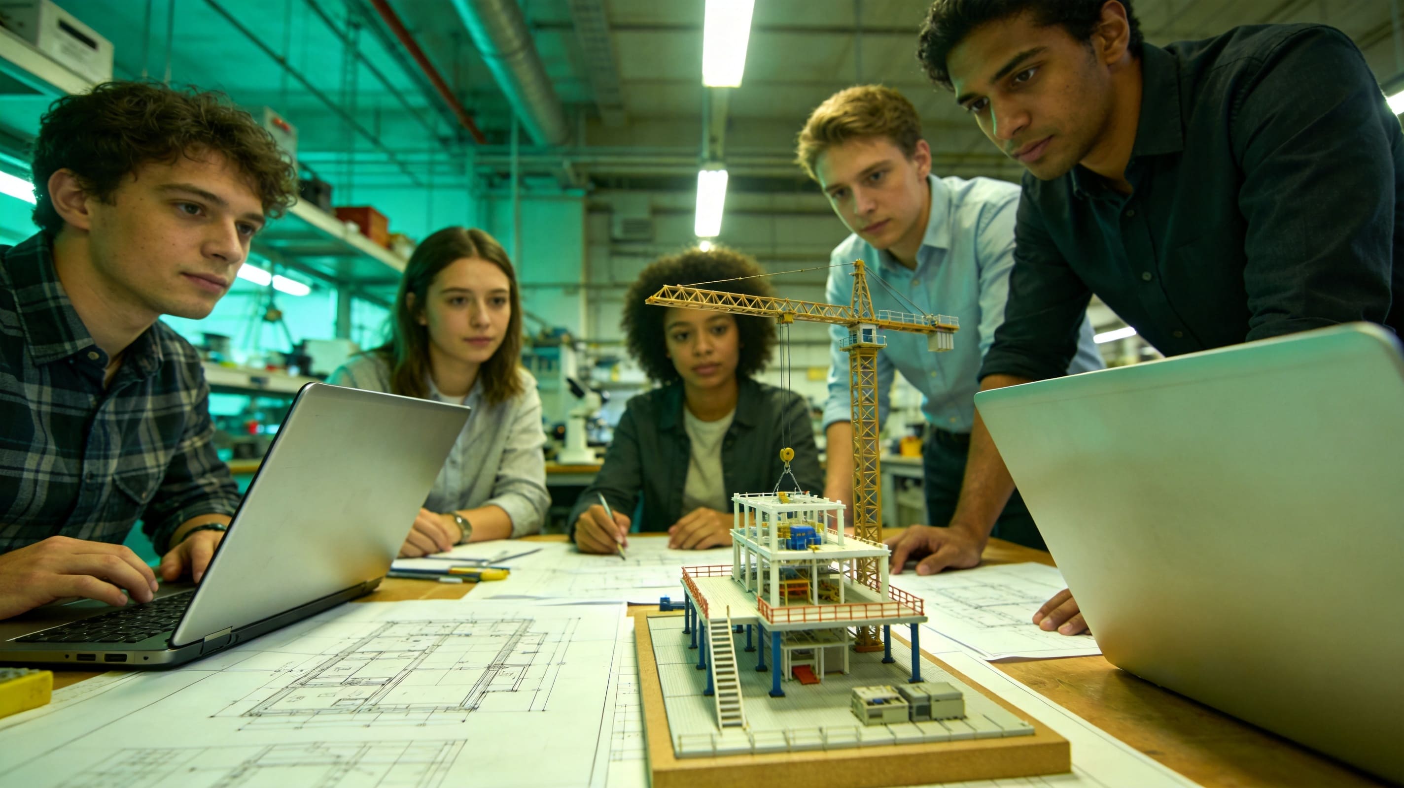 students at a top engineering school gather around a scale model in lab