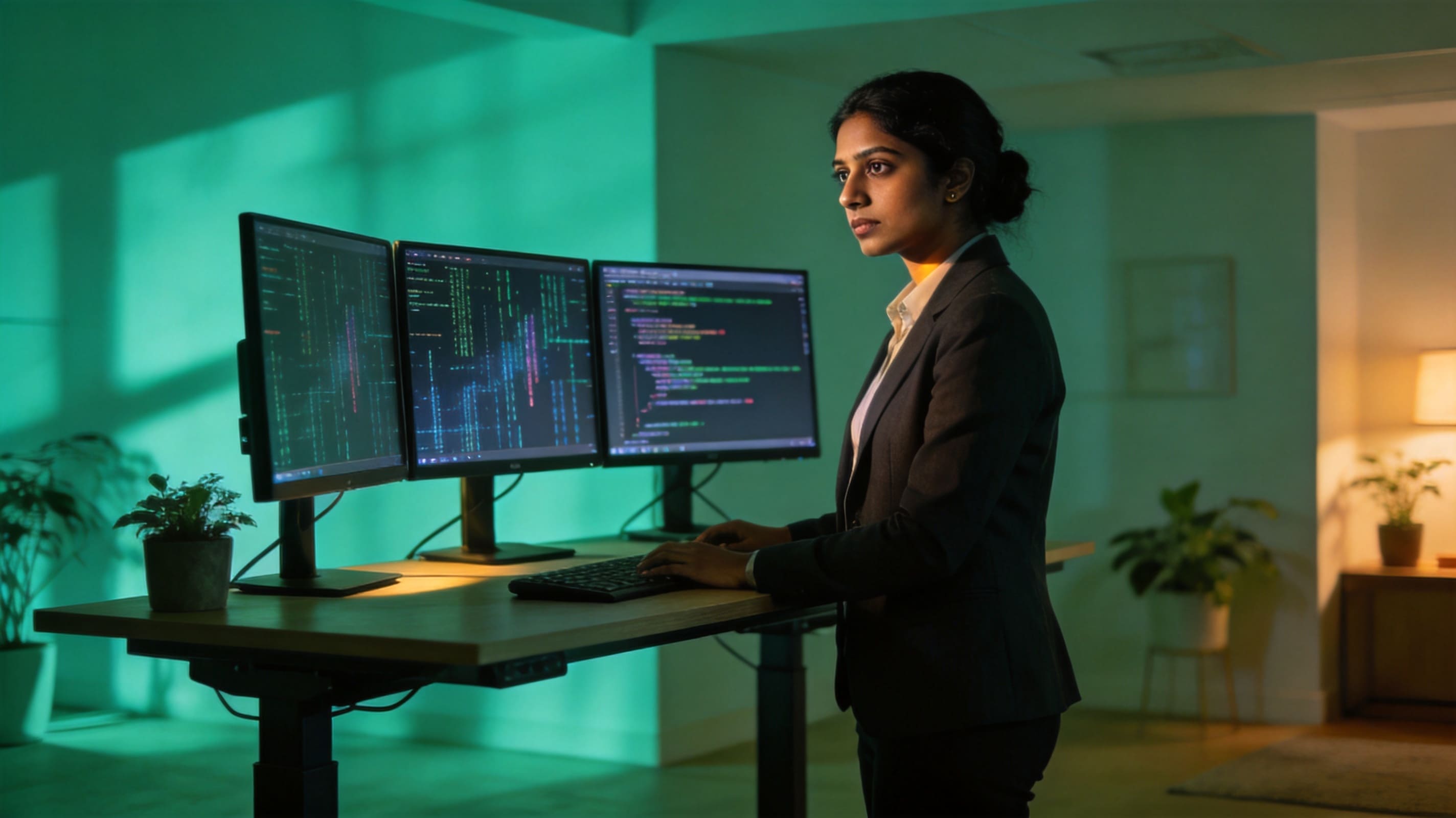 software engineering professional working at a triple monitor after graduating from one of the best software engineering programs in the country