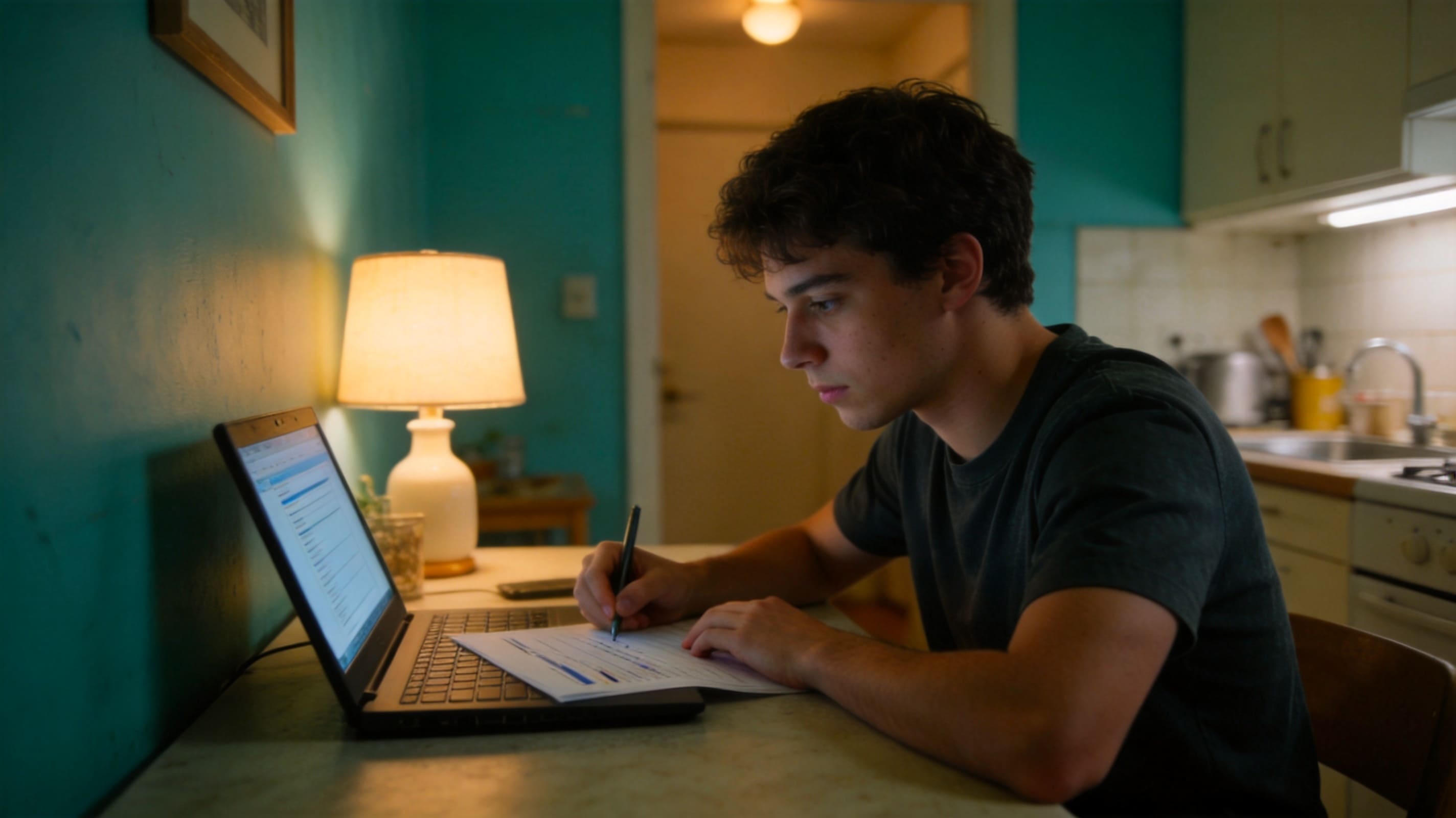 indpendent student filling out the FAFSA at his kitchen table