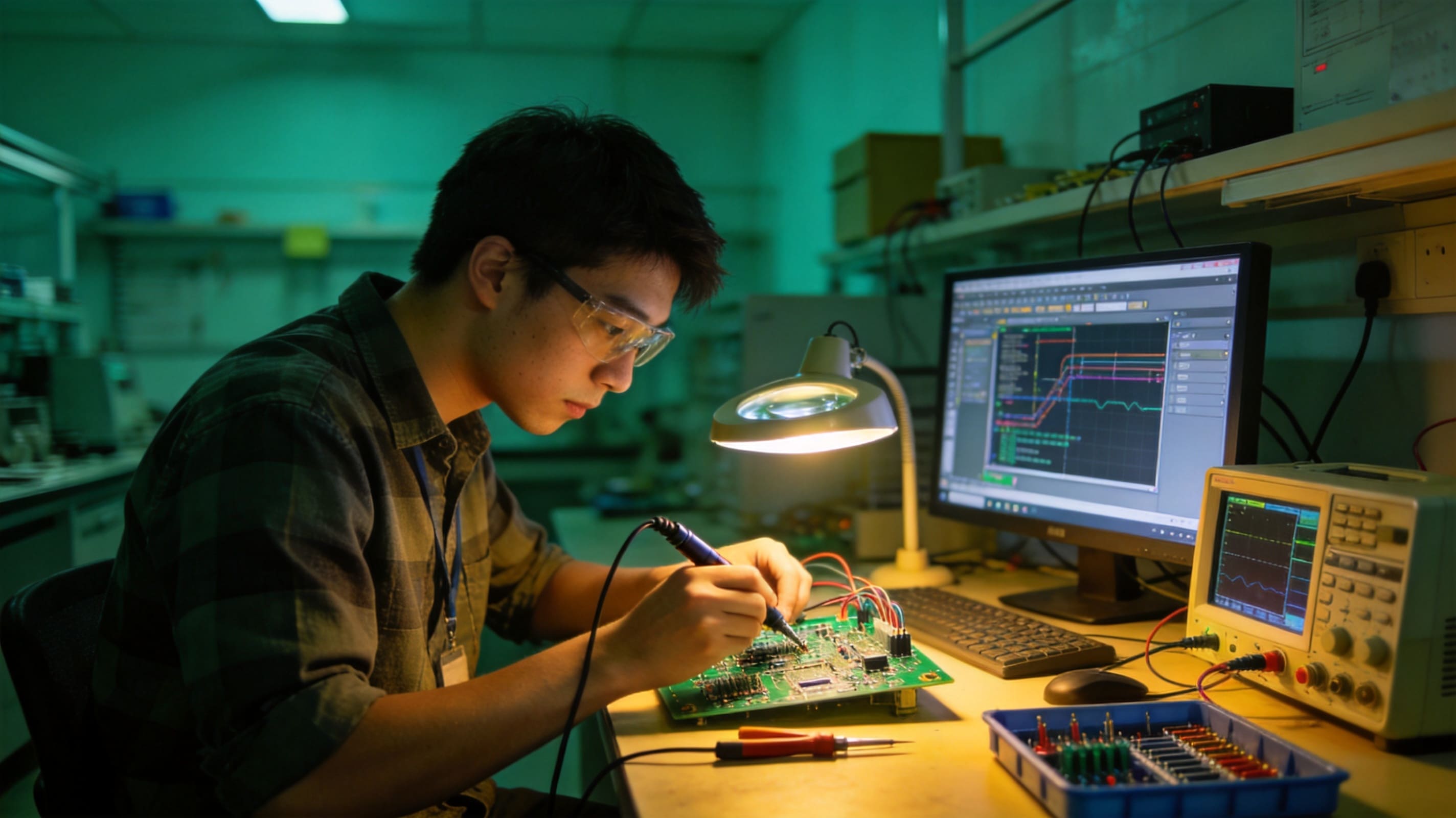 electrical engineering student bent over a worktable soldering a circuit board at one of the best colleges for electrical engineering in the country