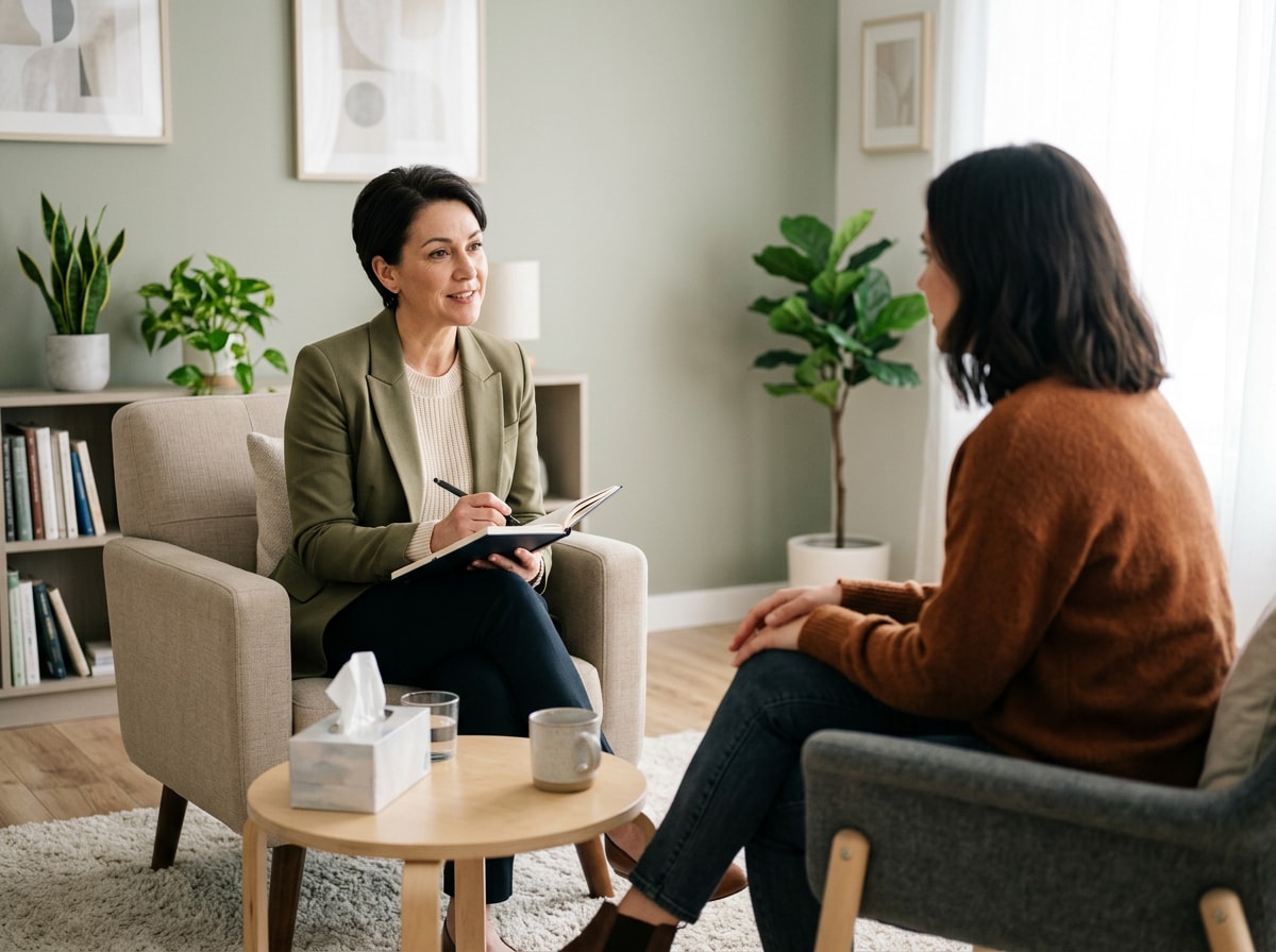 A woman converses with another woman seated in a chair, engaged in a friendly discussion.
