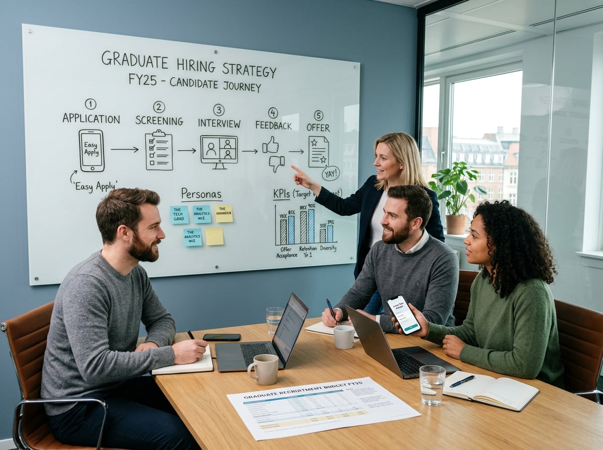 Recruitment team mapping a graduate hiring strategy with candidate personas, a mobile-first candidate journey, and KPIs on a whiteboard.