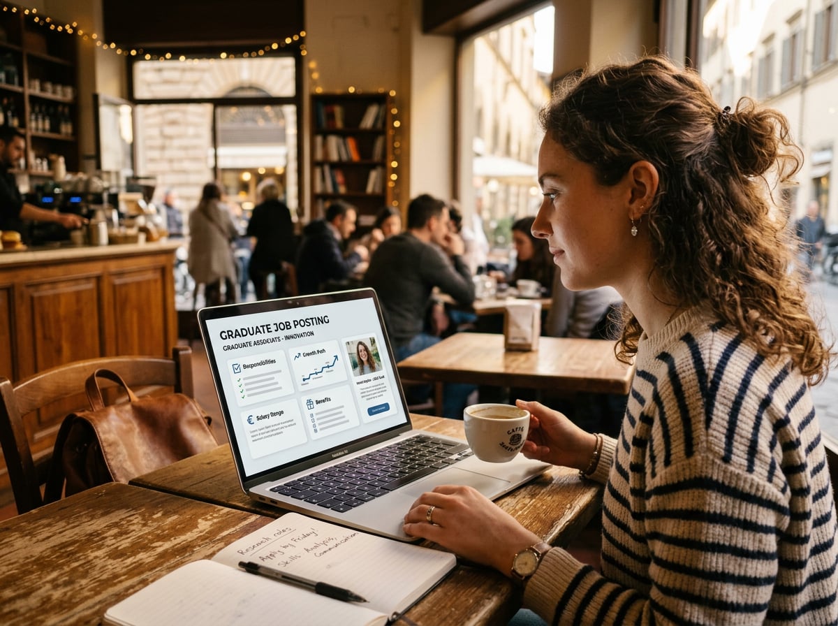 Recent graduate reading a clear, well-structured job description that highlights responsibilities, salary range, and growth opportunities.