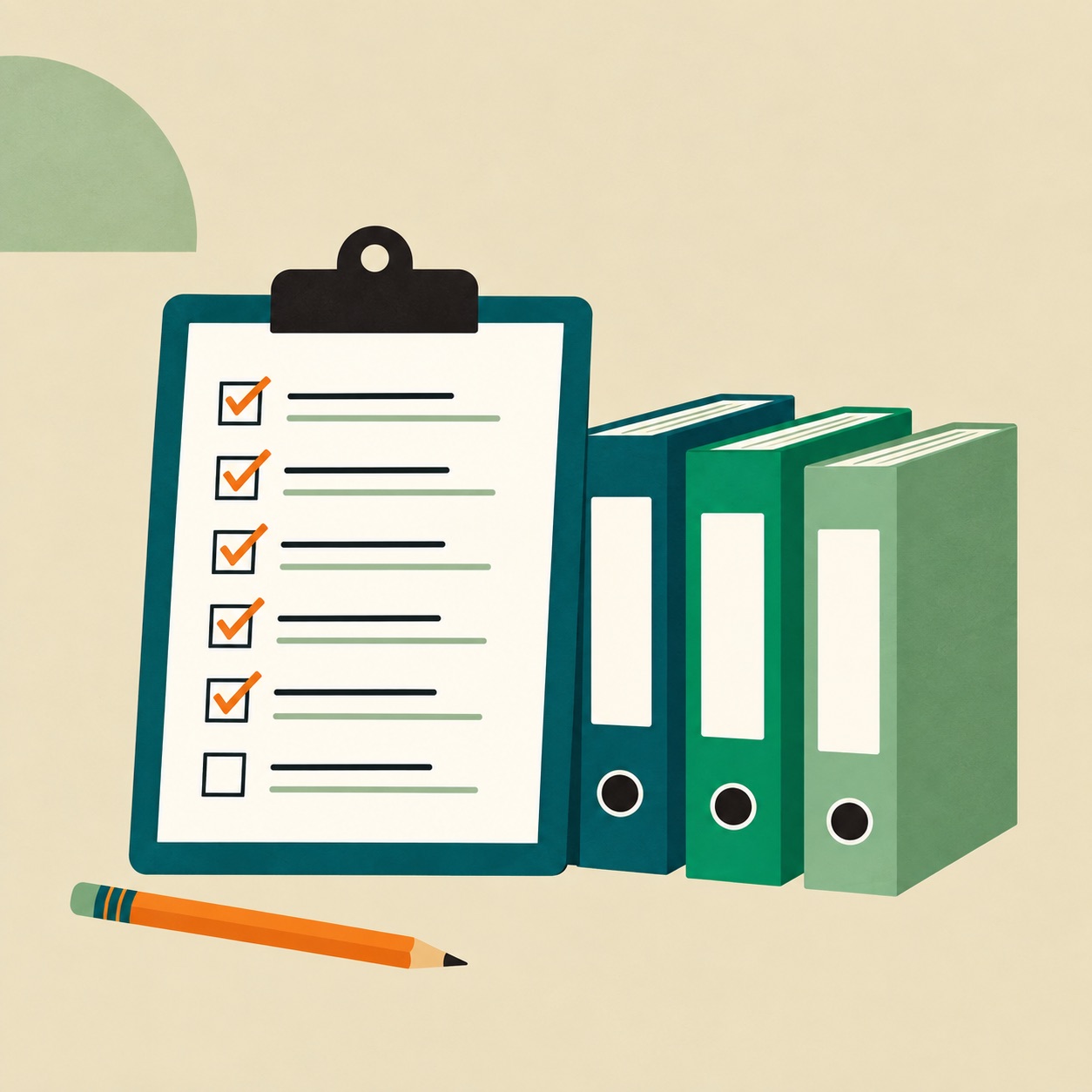 Voltooide checklist met drie ordners voor een voorbereide softwarekeuze