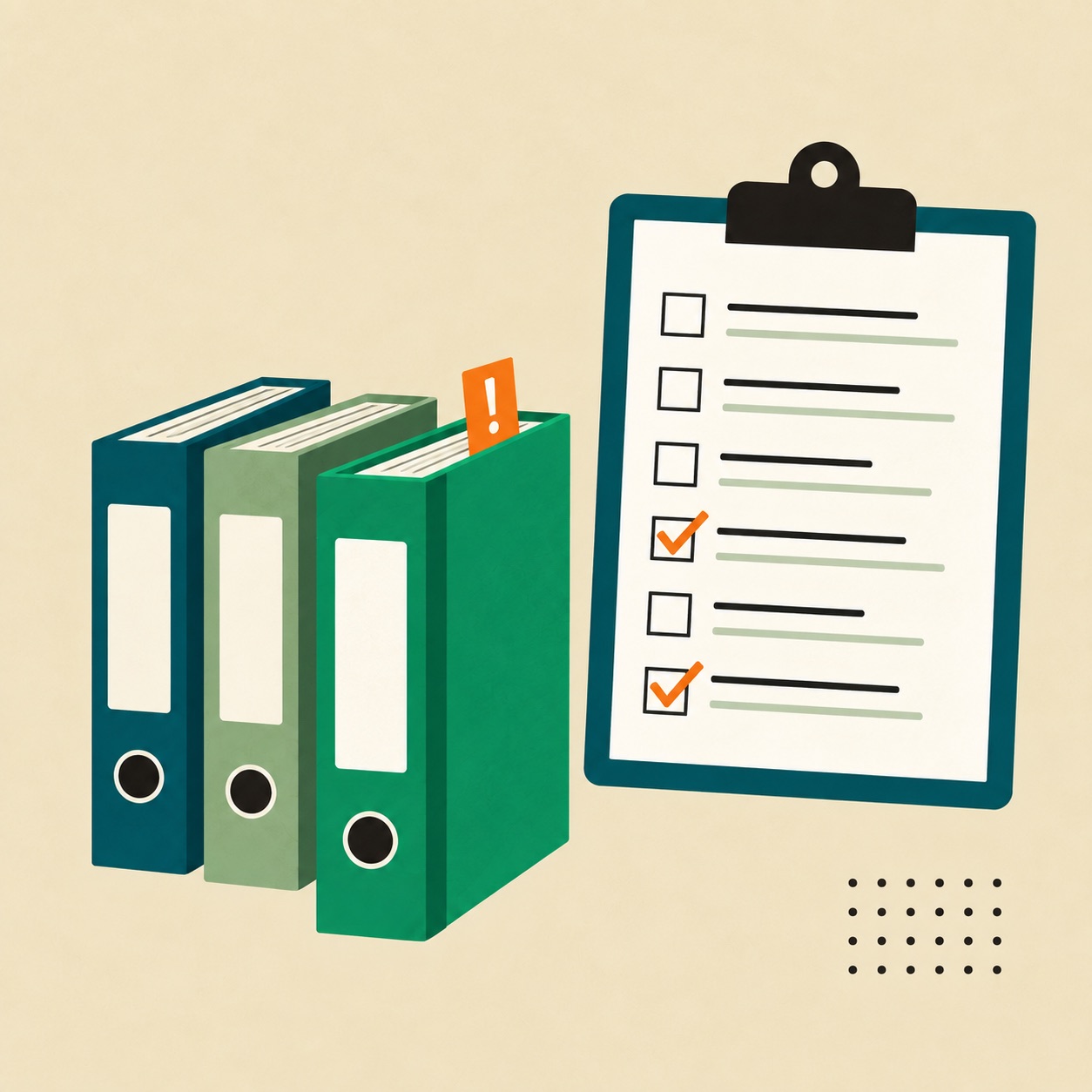 Drie ordners naast een onvolledige checklist voor softwarekeuze