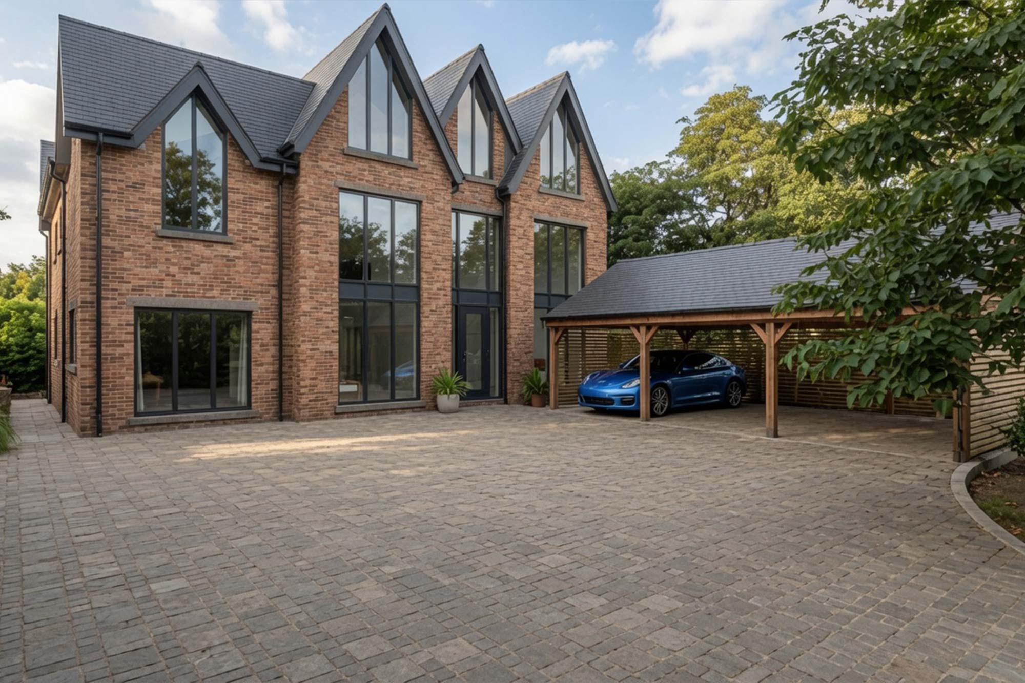 Contemporary take on a Victorian architectural style, featuring tall apex windows and rear terrace