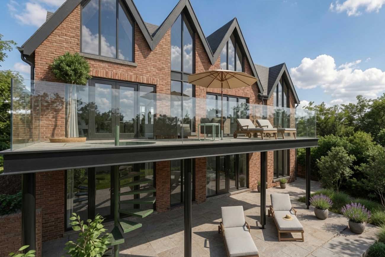 Rear elevation of a house with first floor terrace