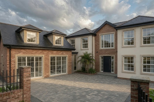 Modern front house elevation with garage extension