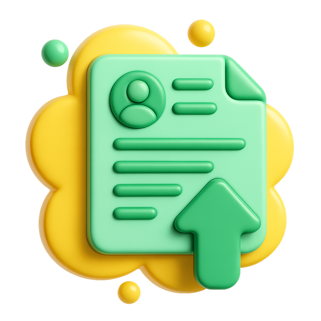 3D icon of a document with a user profile and an upward arrow symbolizing uploading or submitting a profile.