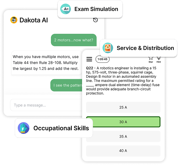 Screenshot of Dakota AI chat showing motor rule advice and exam simulation question with multiple-choice answers; highlighted answer is 30 A.