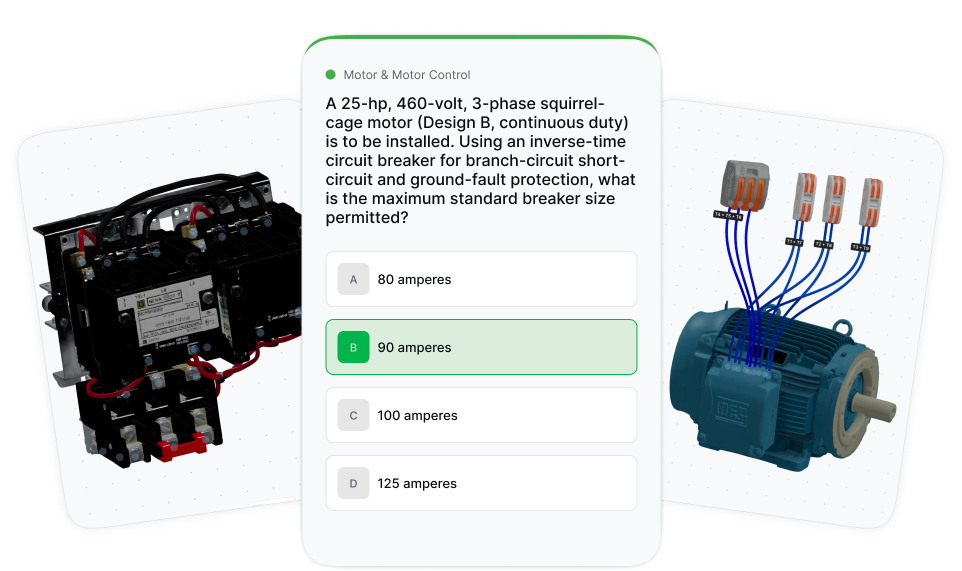 Quiz question about a 25-hp, 460-volt squirrel-cage motor and breaker size with multiple-choice answers.