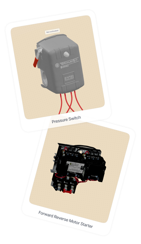 Two component cards showing a gray pressure switch and a black forward reverse motor starter.