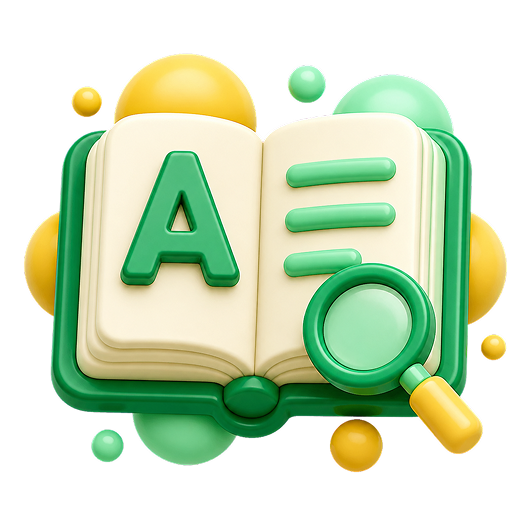 3D illustration of an open book with letter A and text lines, accompanied by a magnifying glass.