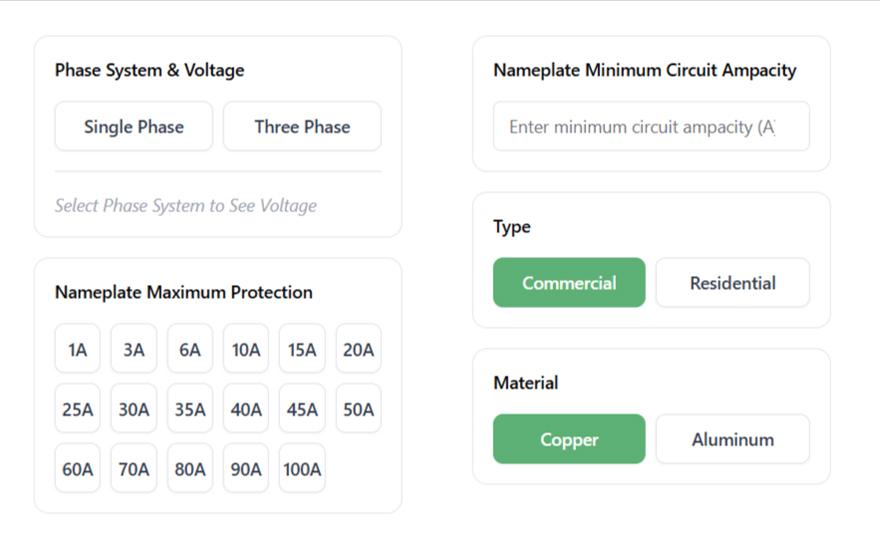 Electrical calculator interface for voltage, ampacity, and material selection