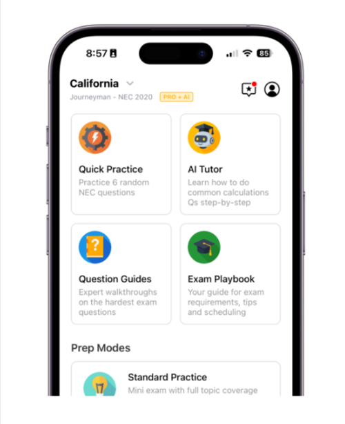 California NEC journeyman exam preparation app dashboard
